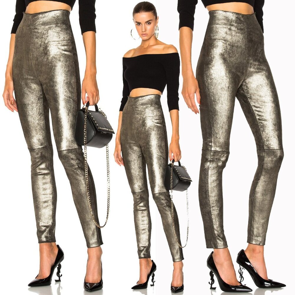 💋CHIC &  SEXY💋Genuine Stretchy Lambleather Skinny Trousers in Metallic Silver